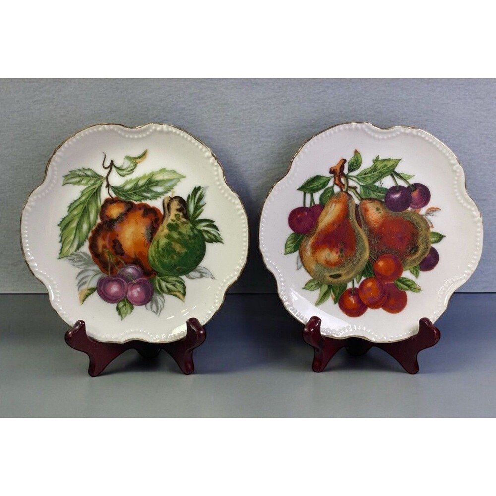 VTG Lego Japan Porcelain Fruit Wall Plates Set 2 Pear Cherry Gold Trim 6.3”